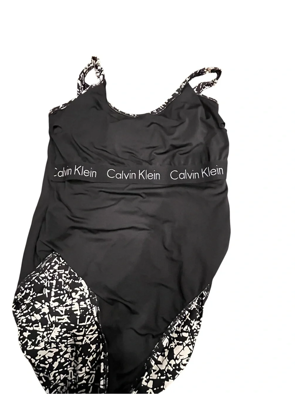Calvin Klein Black White Bathing Suit One-Piece Swimsuit Abstract Print Size 14